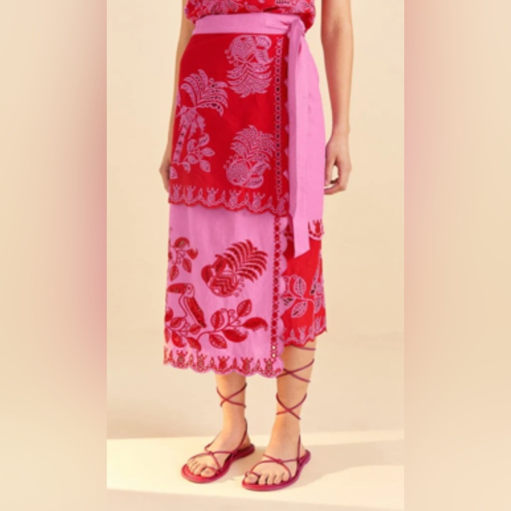 Farm Rio: Pink/Red Embroidered Linen Blend Wrap Midi Skirt